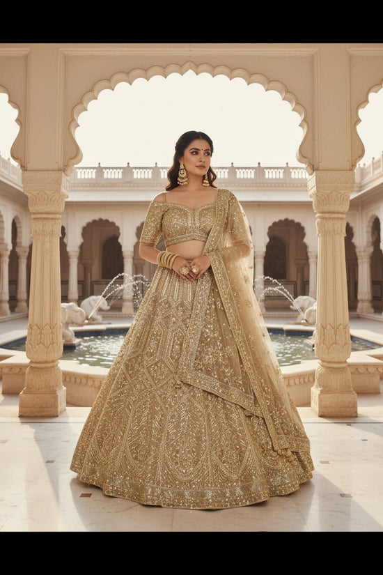 Beige Net Lehenga Set with Bead Embroidery for Bridal Sangeet