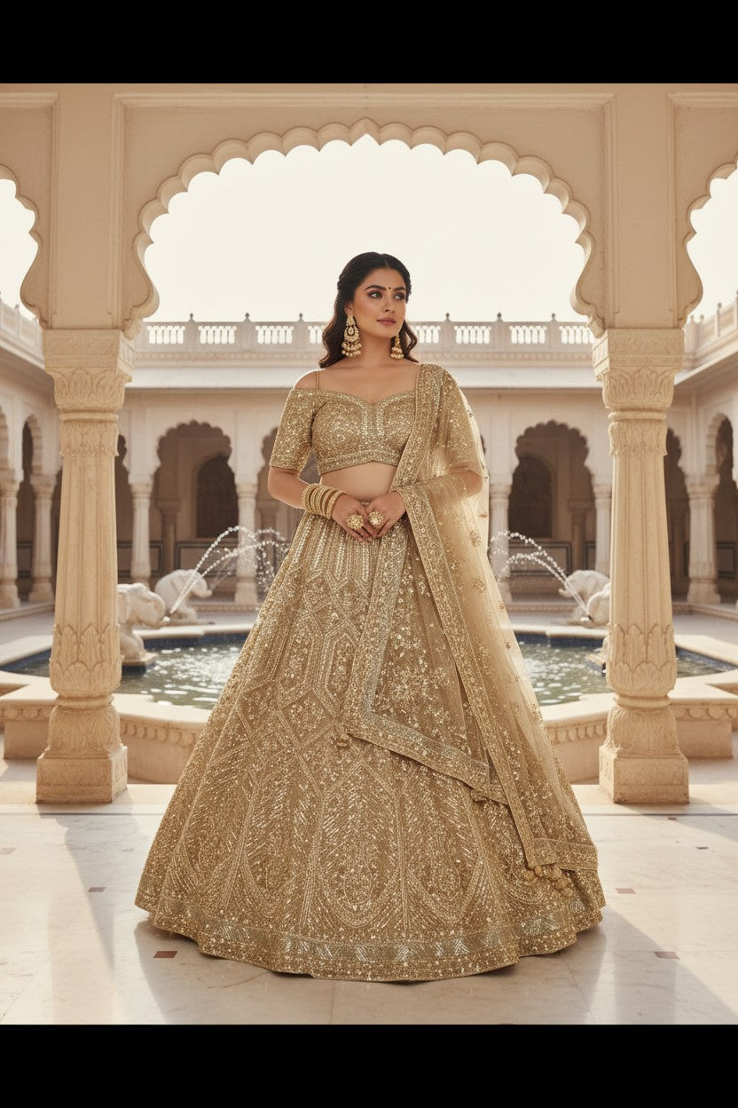 Beige Net Lehenga Set with Bead Embroidery for Bridal Sangeet