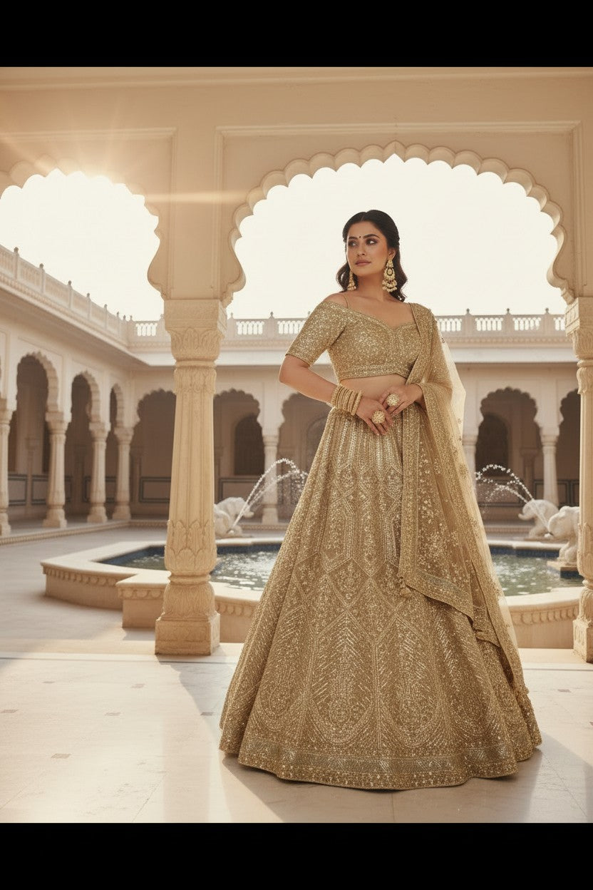 Beige Net Lehenga Set with Bead Embroidery for Bridal Sangeet