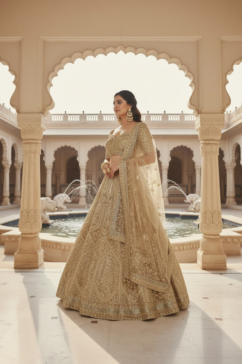 Beige Net Lehenga Set with Bead Embroidery for Bridal Sangeet