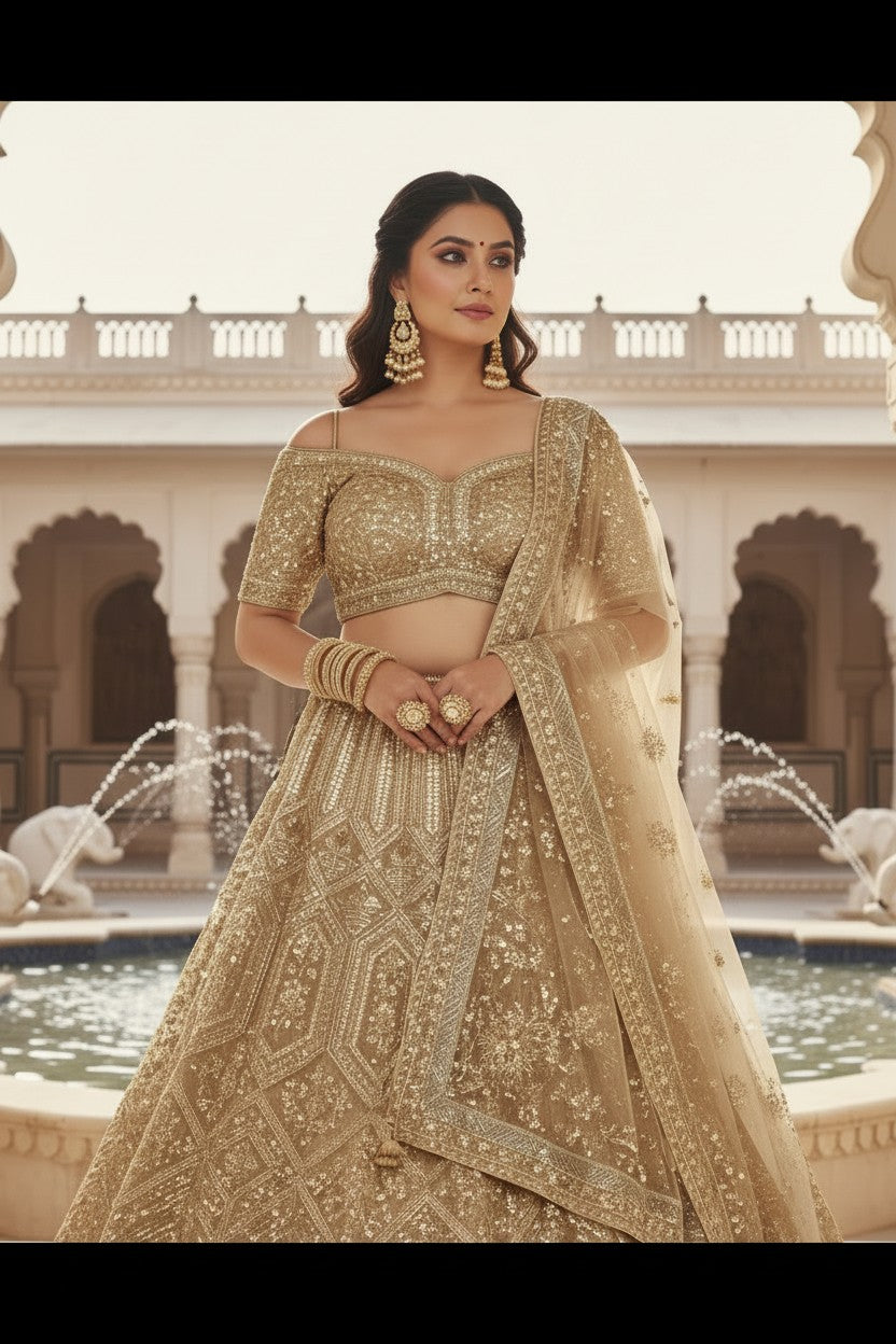 Beige Net Lehenga Set with Bead Embroidery for Bridal Sangeet