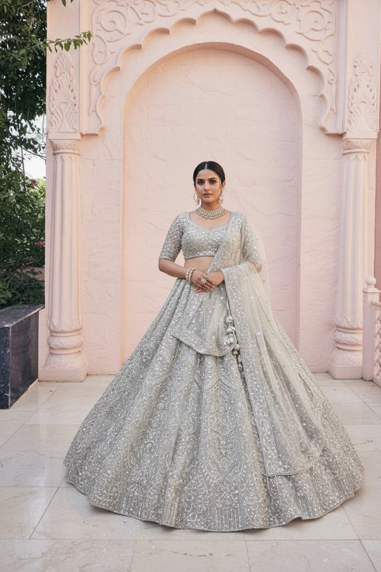 Grey Net Lehenga Set with Gota Patti for Wedding Wear