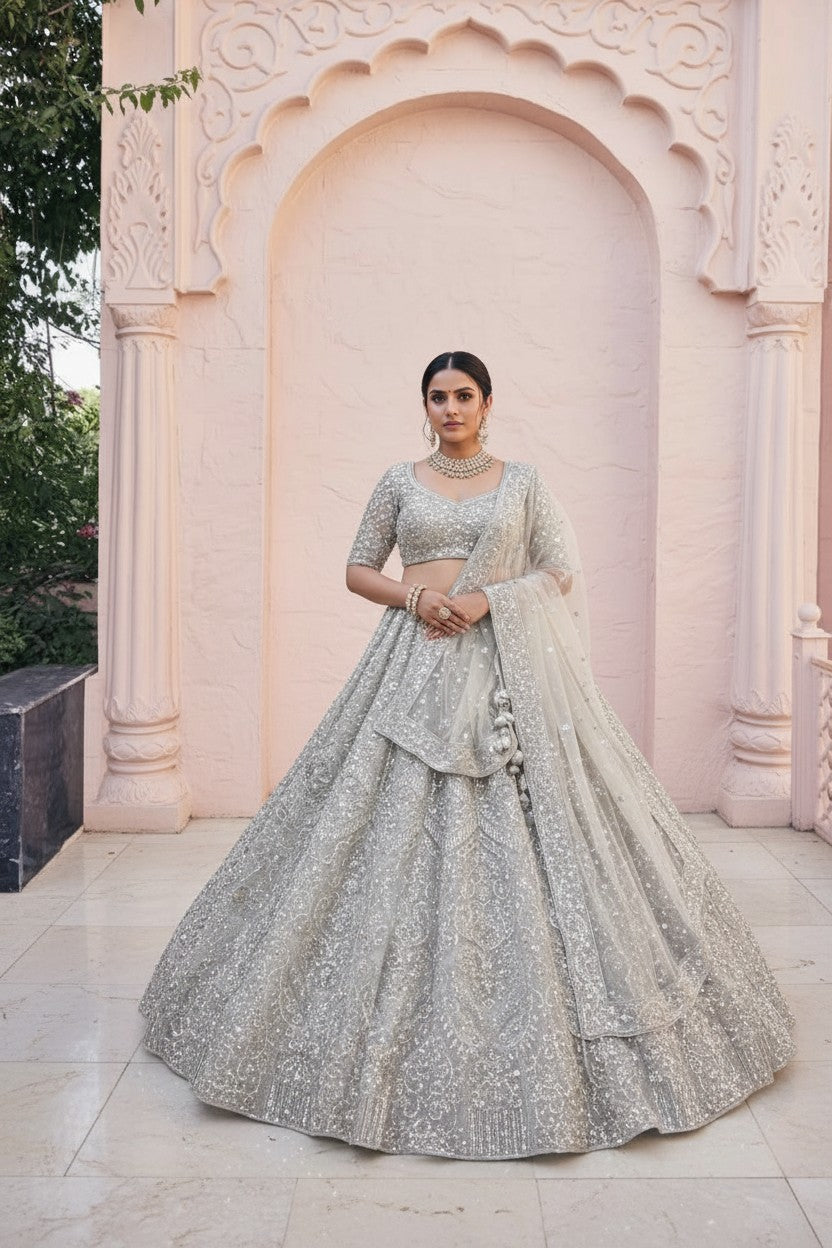 Grey Net Lehenga Set with Gota Patti for Wedding Wear