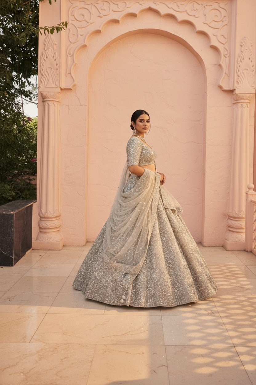 Grey Net Lehenga Set with Gota Patti for Wedding Wear
