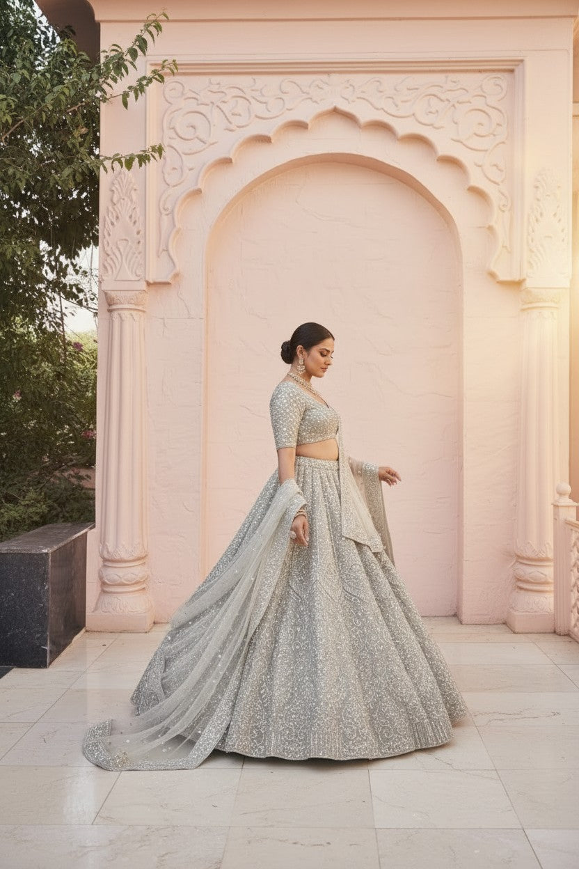 Grey Net Lehenga Set with Gota Patti for Wedding Wear