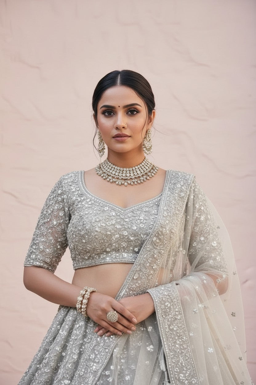 Grey Net Lehenga Set with Gota Patti for Wedding Wear