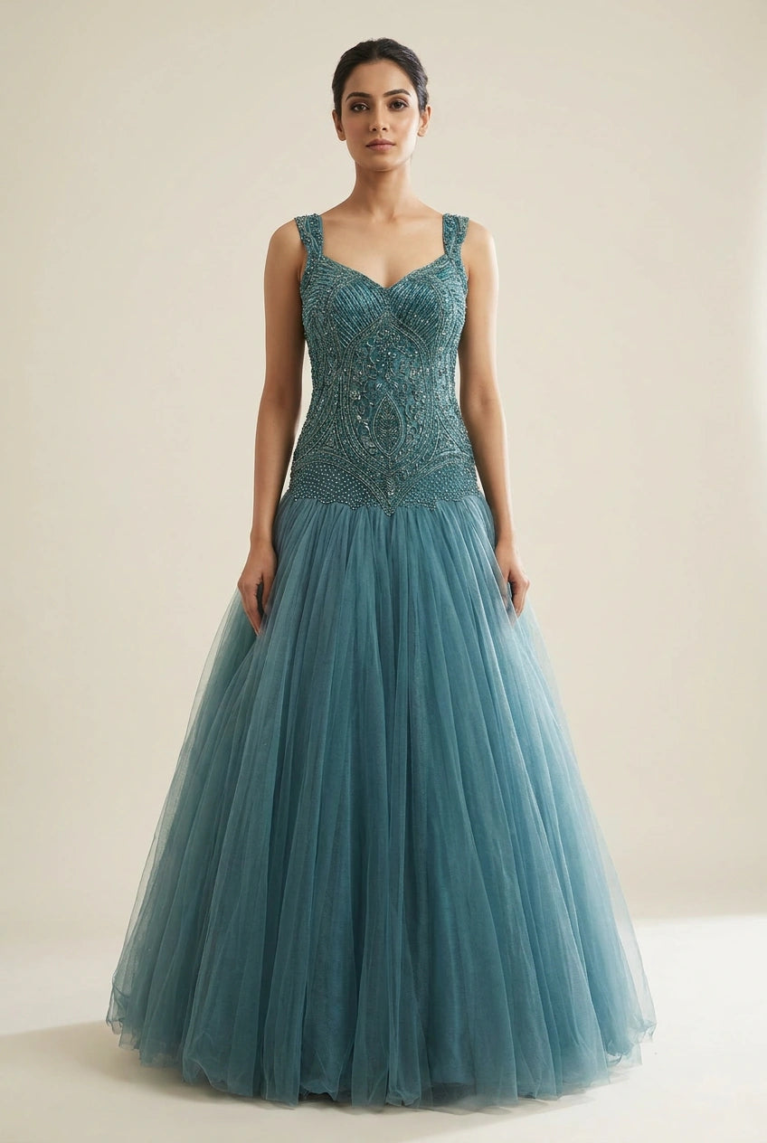 Mid Blue Net Anarkali Gown with Gota Yoke for Mehendi Brunch