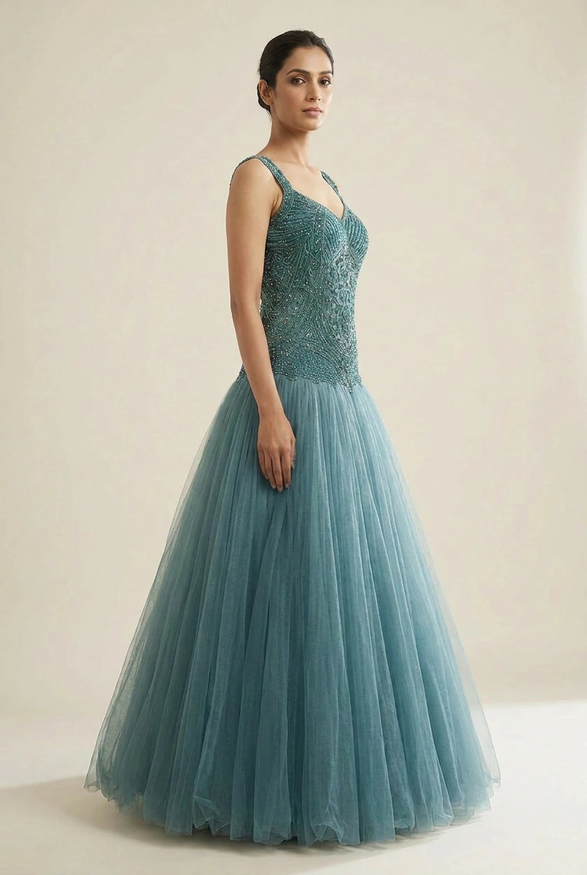 Mid Blue Net Anarkali Gown with Gota Yoke for Mehendi Brunch
