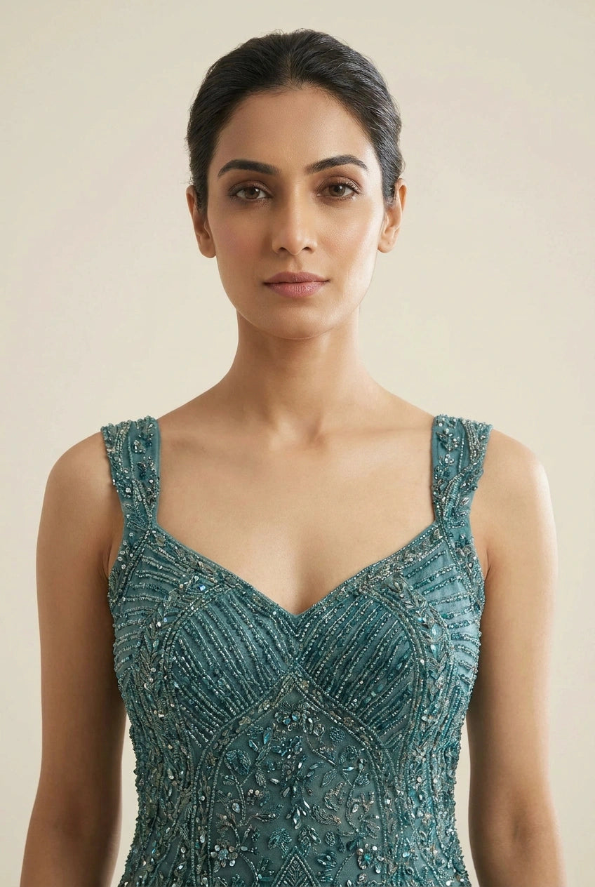 Mid Blue Net Anarkali Gown with Gota Yoke for Mehendi Brunch