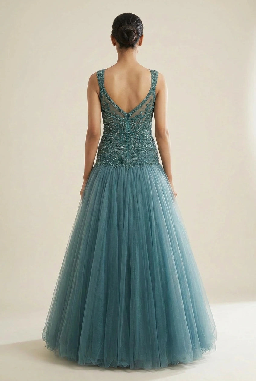 Mid Blue Net Anarkali Gown with Gota Yoke for Mehendi Brunch