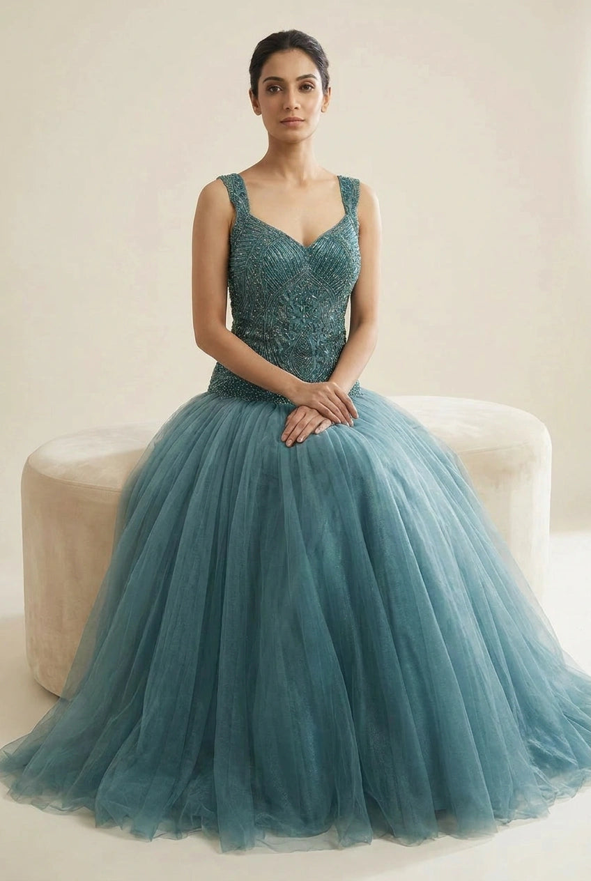 Mid Blue Net Anarkali Gown with Gota Yoke for Mehendi Brunch