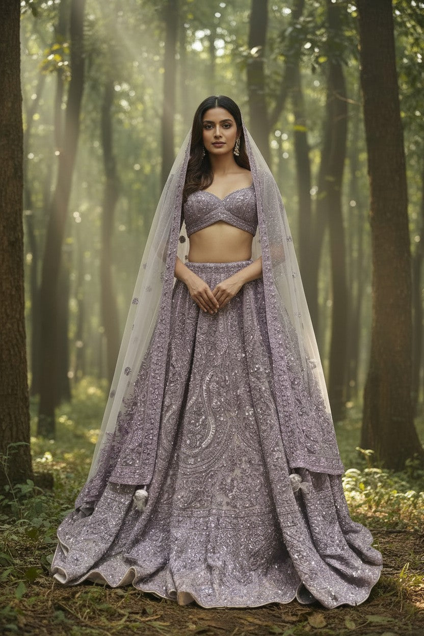 Mauve Net Lehenga Set with Tilla Embroidery for Reception Night