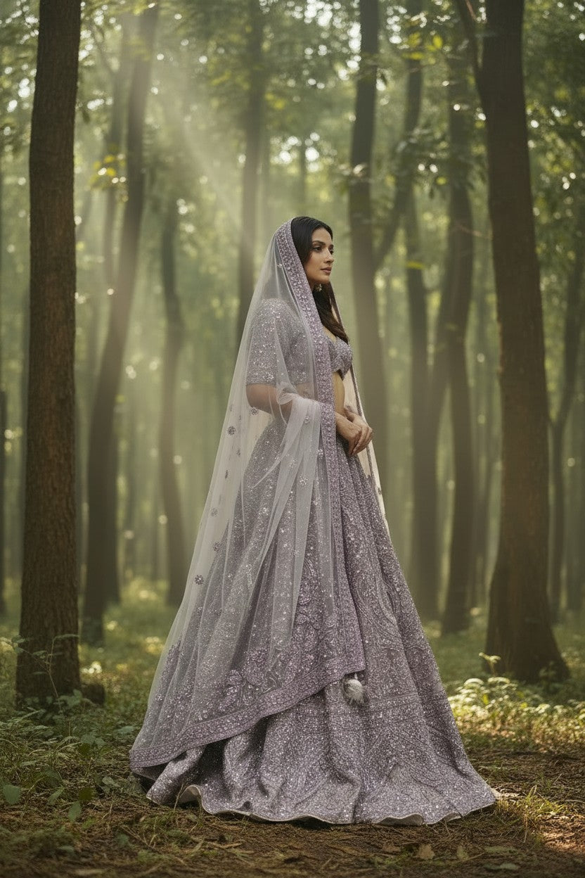 Mauve Net Lehenga Set with Tilla Embroidery for Reception Night