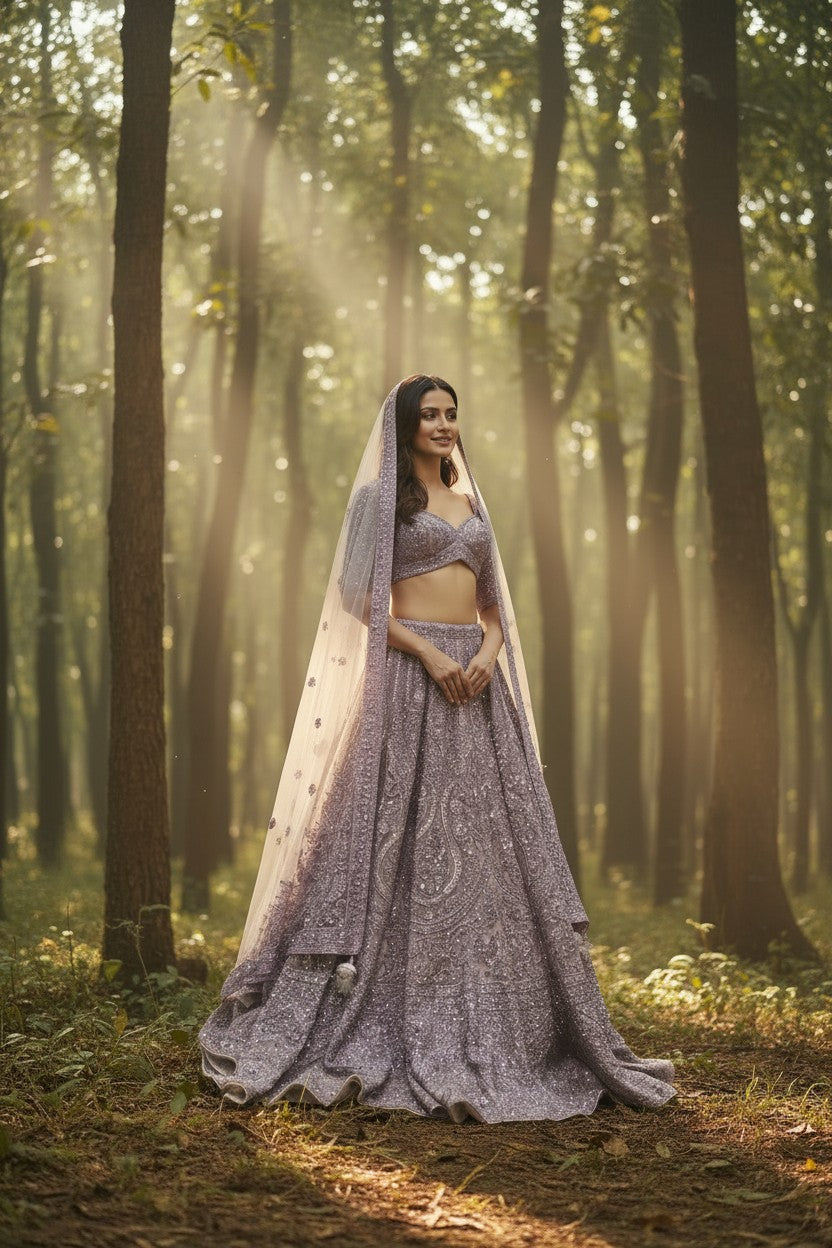 Mauve Net Lehenga Set with Tilla Embroidery for Reception Night