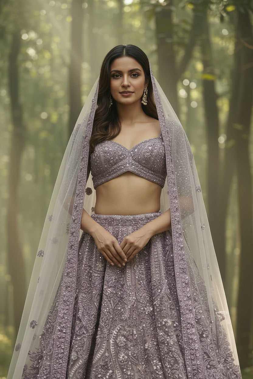 Mauve Net Lehenga Set with Tilla Embroidery for Reception Night