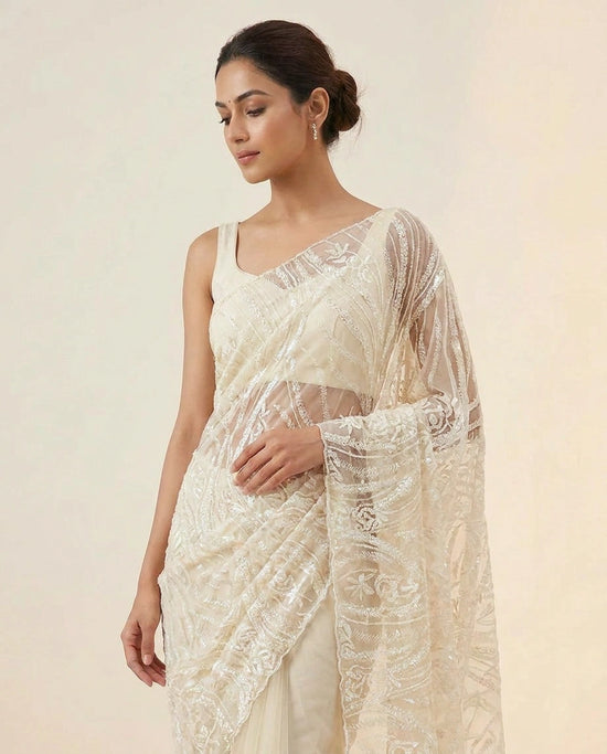 Net  Embroidered Saree with Fine Handcrafted Work India view 2