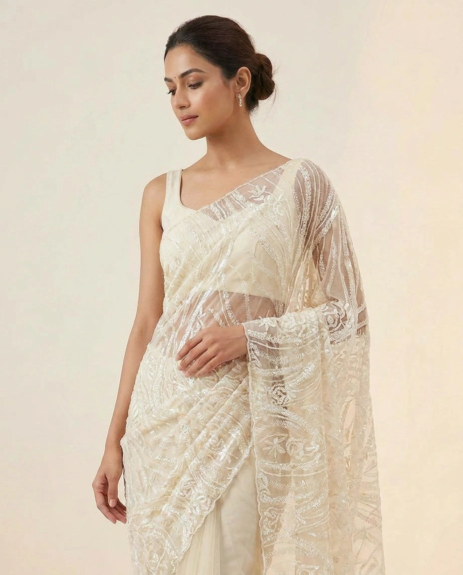 Net  Embroidered Saree with Fine Handcrafted Work India view 2