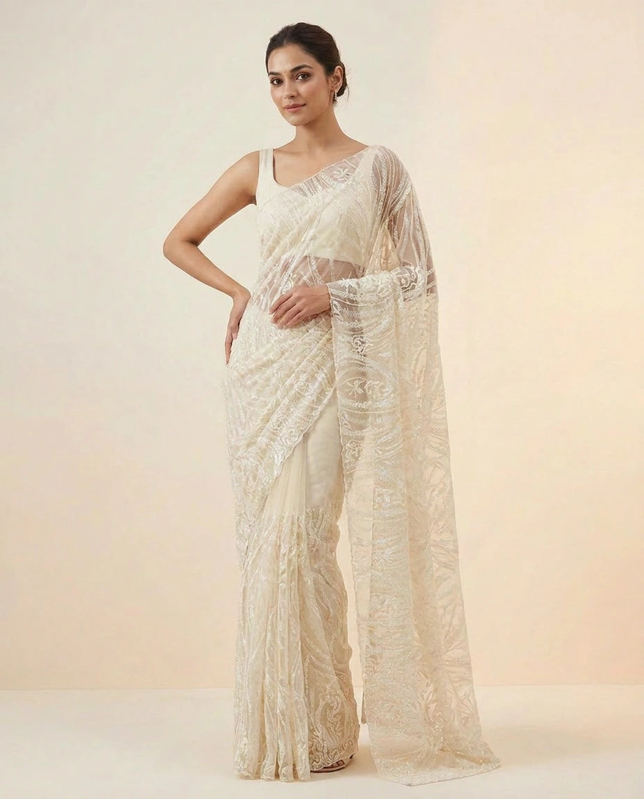 Net  Embroidered Saree with Fine Handcrafted Work India view 4