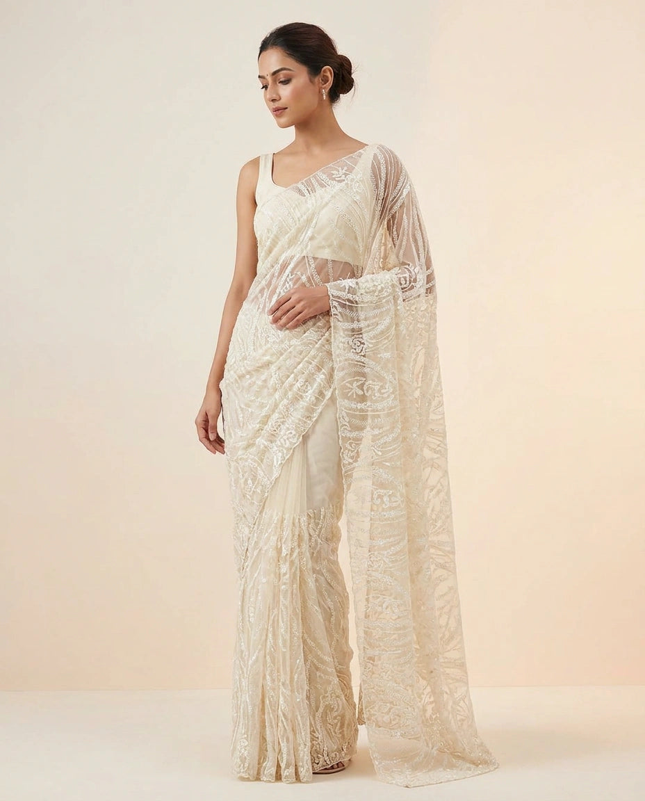 White Net  Embroidered Saree with Fine Handcrafted Work India