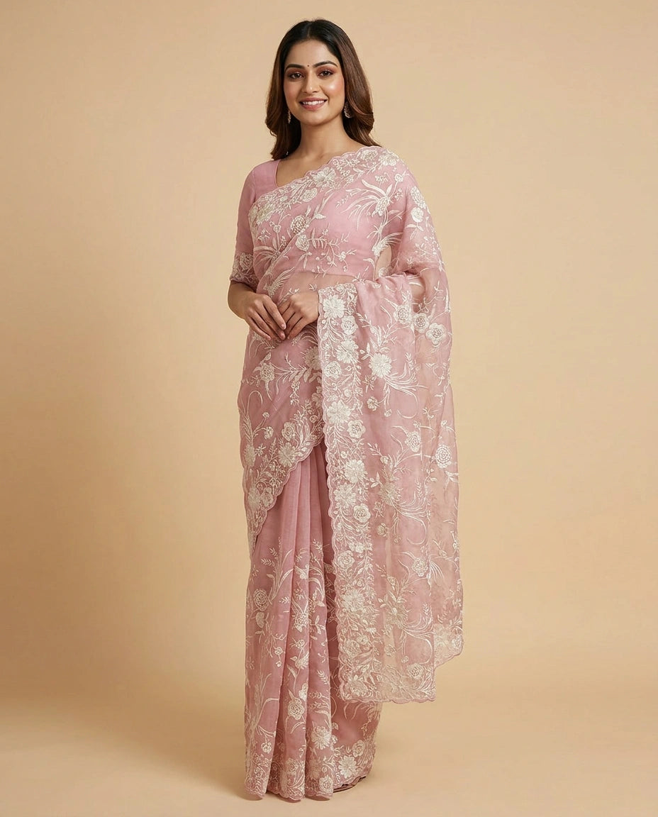 Woman wearing a pink saree with white floral patterns on a beige background