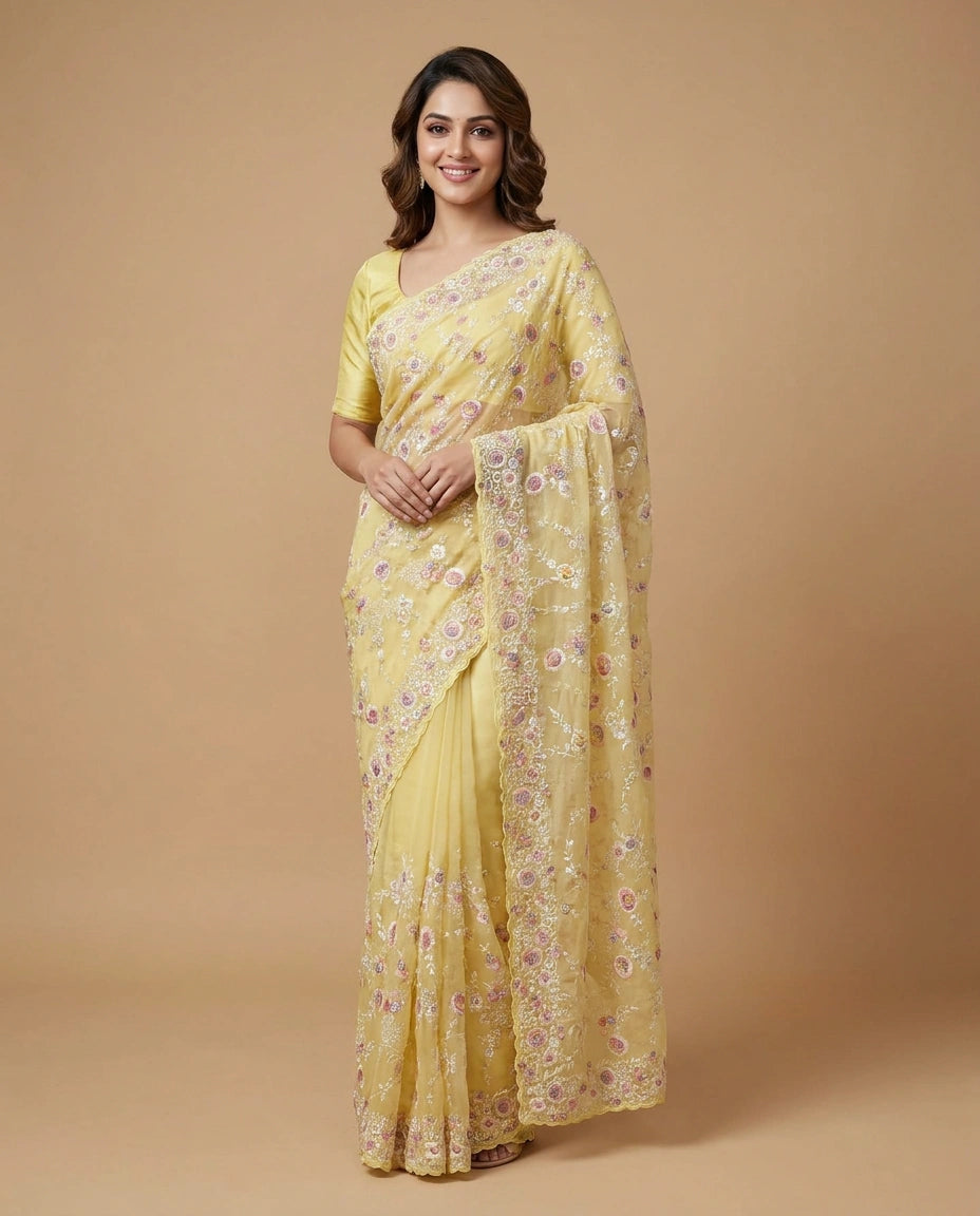 Woman wearing a yellow saree with a floral pattern on a beige background