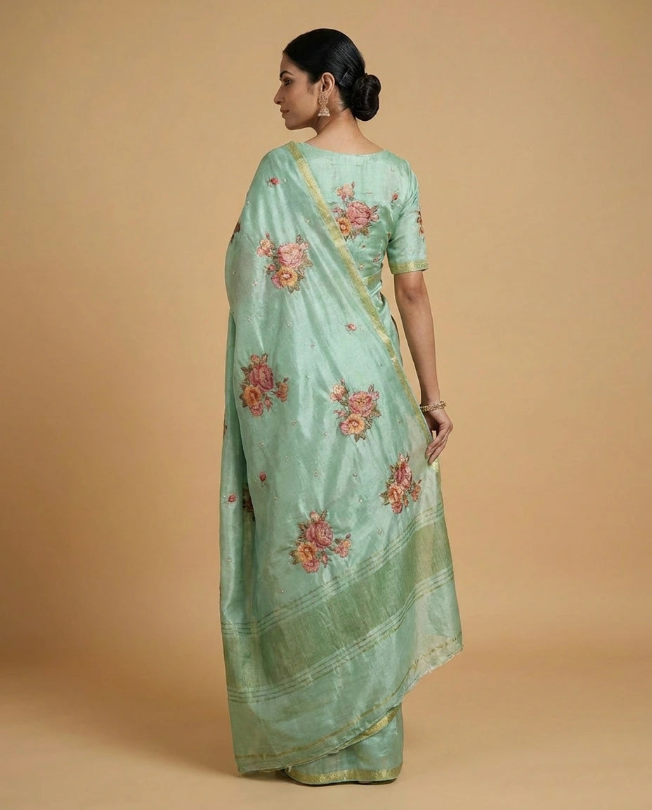 Chinon Chiffon Saree with Embroidered Pallu Work Border by Rangoli