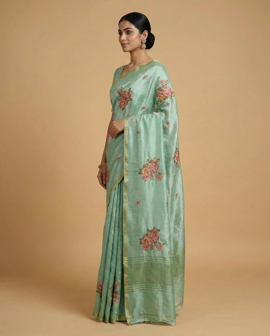 Chinon Chiffon Saree with Embroidered Pallu Work Border by Rangoli