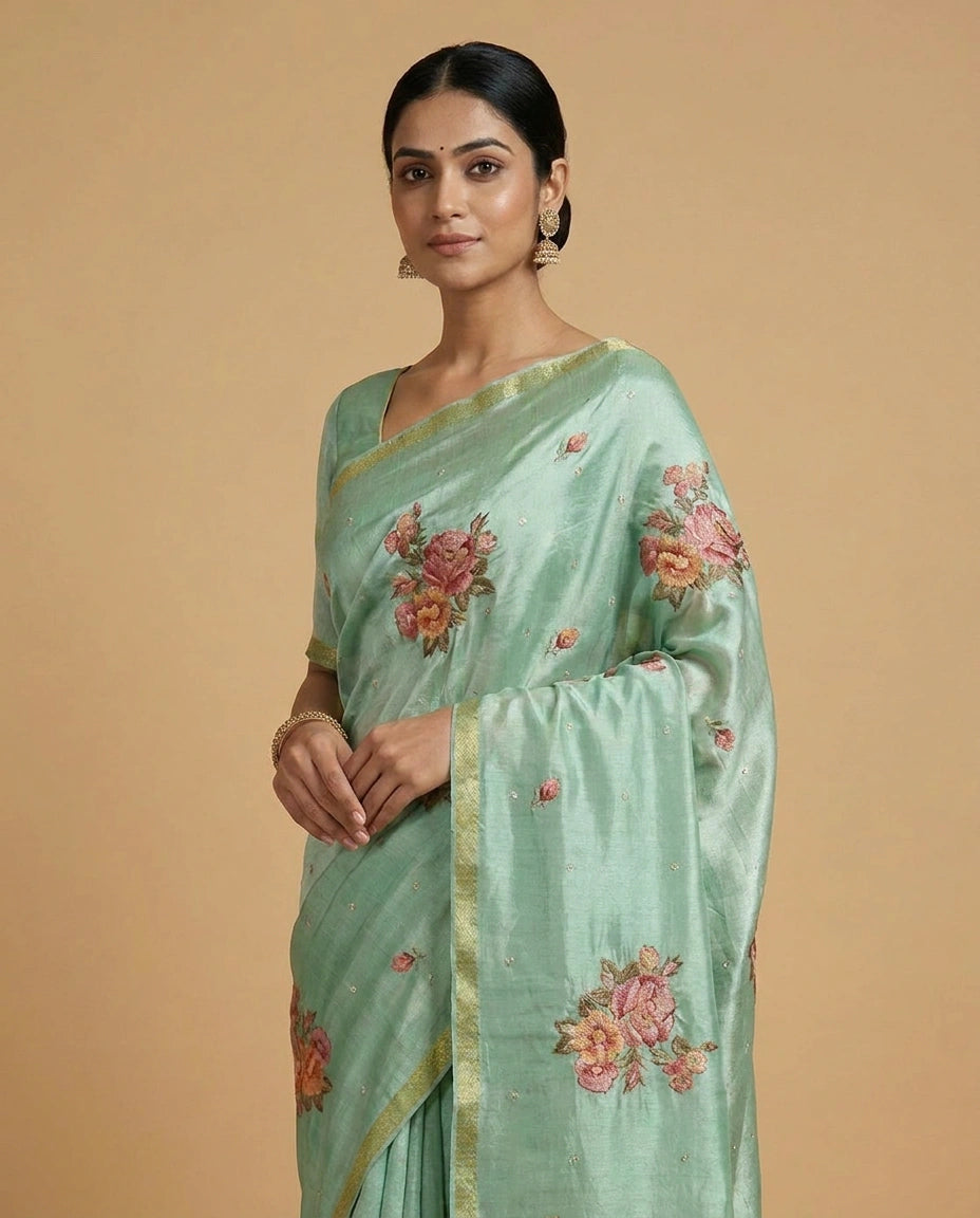 Chinon Chiffon Saree with Embroidered Pallu Work Border