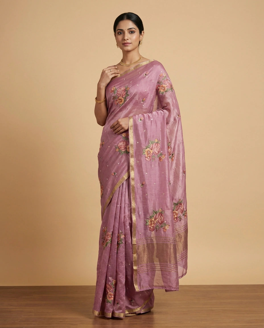 Chinon Chiffon Saree with Embroidered Pallu Work Border by Rangoli