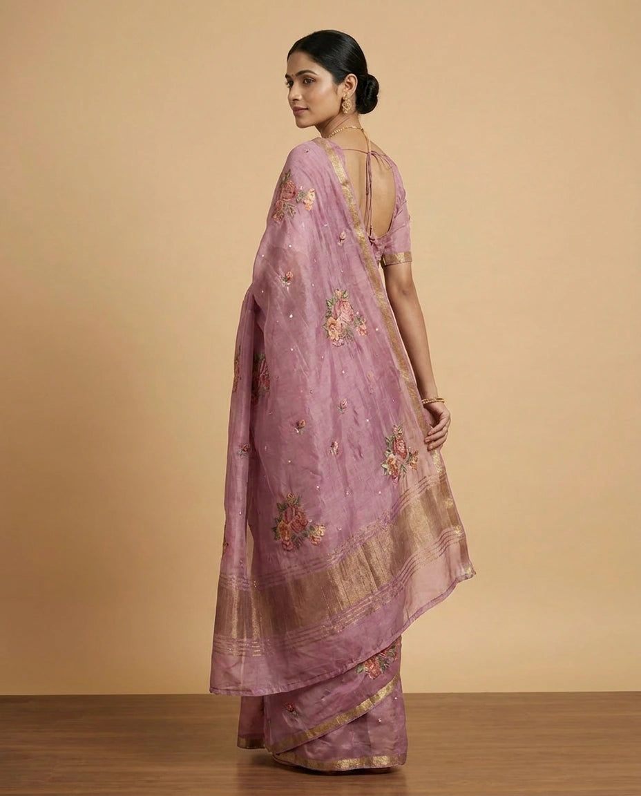 Chinon Chiffon Saree with Embroidered Pallu Work Border by Rangoli