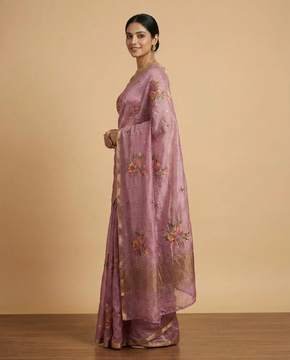 Chinon Chiffon Saree with Embroidered Pallu Work Border by Rangoli