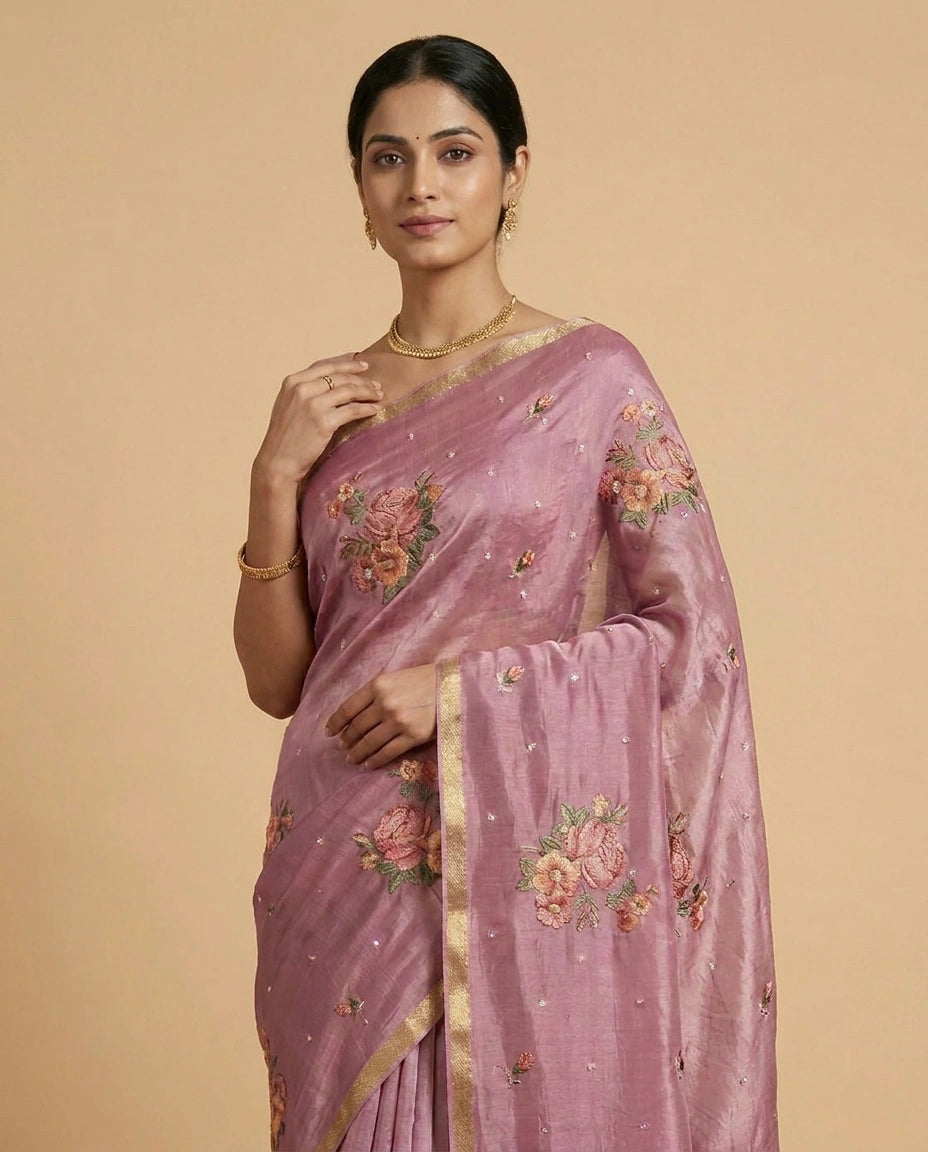 Chinon Chiffon Saree with Embroidered Pallu Work Border by Rangoli