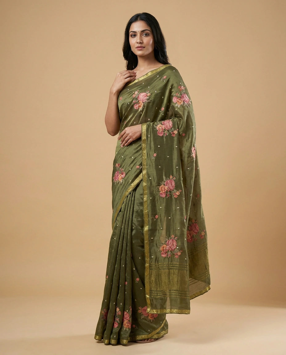 Chinon Chiffon Saree with Embroidered Pallu Work Border by Rangoli