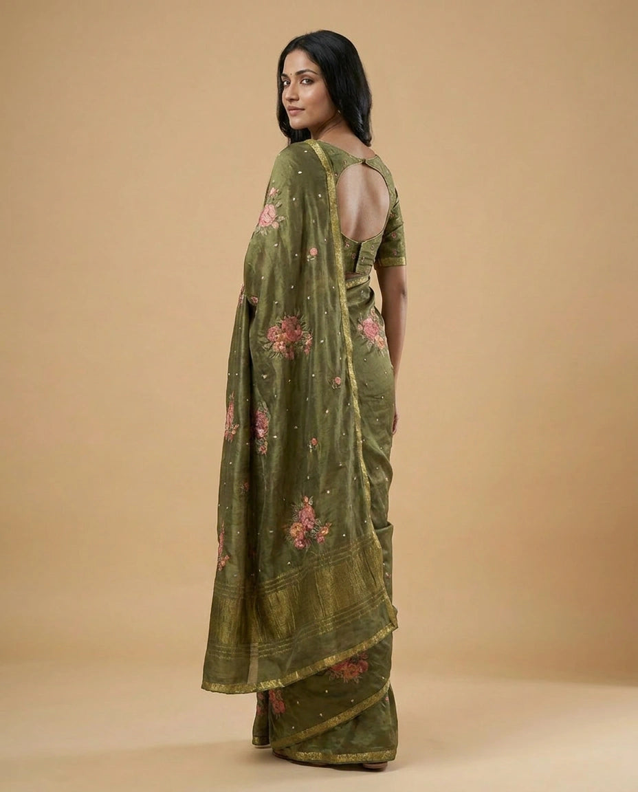Chinon Chiffon Saree with Embroidered Pallu Work Border by Rangoli