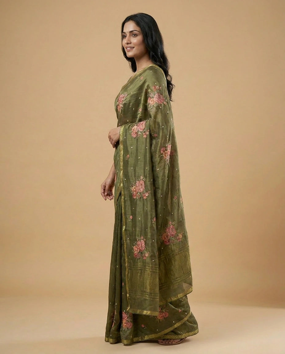 Chinon Chiffon Saree with Embroidered Pallu Work Border by Rangoli