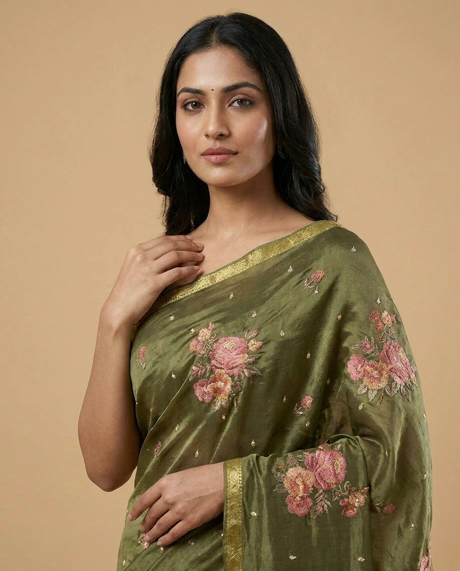 Chinon Chiffon Saree with Embroidered Pallu Work Border by Rangoli