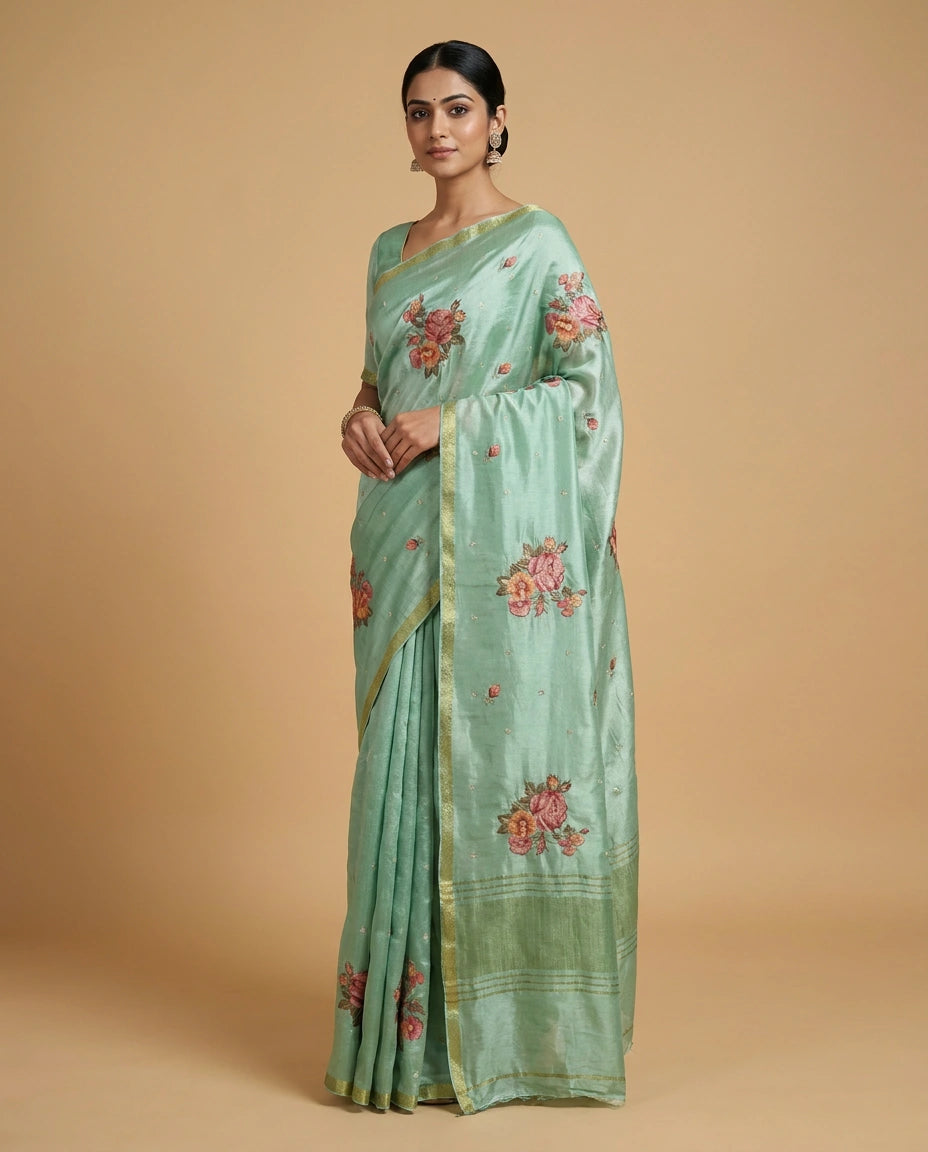 Chinon Chiffon Saree with Embroidered Pallu Work Border