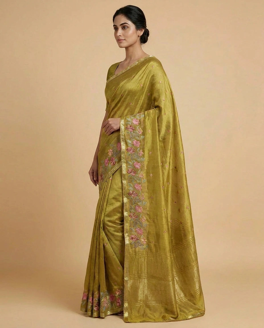 Chinon Saree with Heavy Embroidery Work on Pallu Border view 2