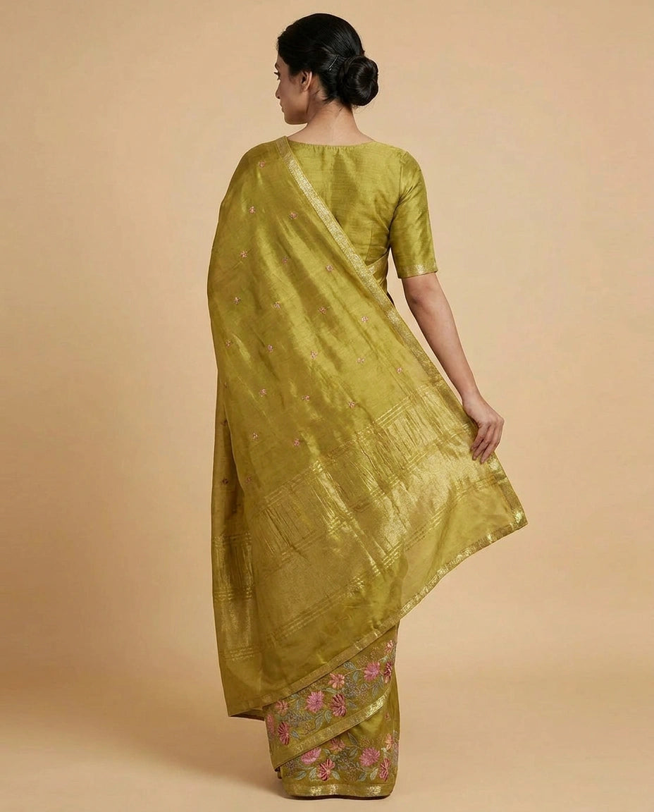 Chinon Saree with Heavy Embroidery Work on Pallu Border view 4