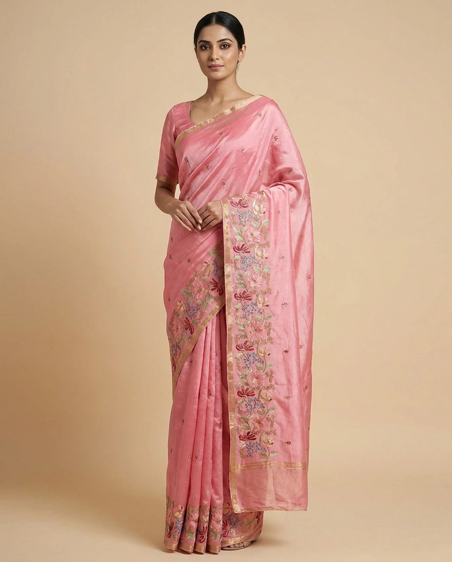 Chinon Saree with Heavy Embroidery Work on Pallu Border view 5