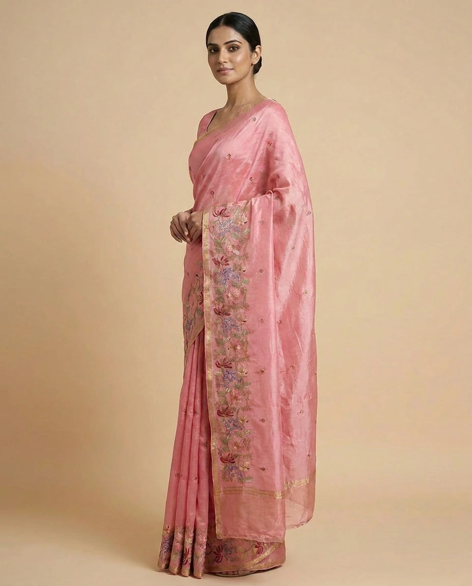 Chinon Saree with Heavy Embroidery Work on Pallu Border view 6