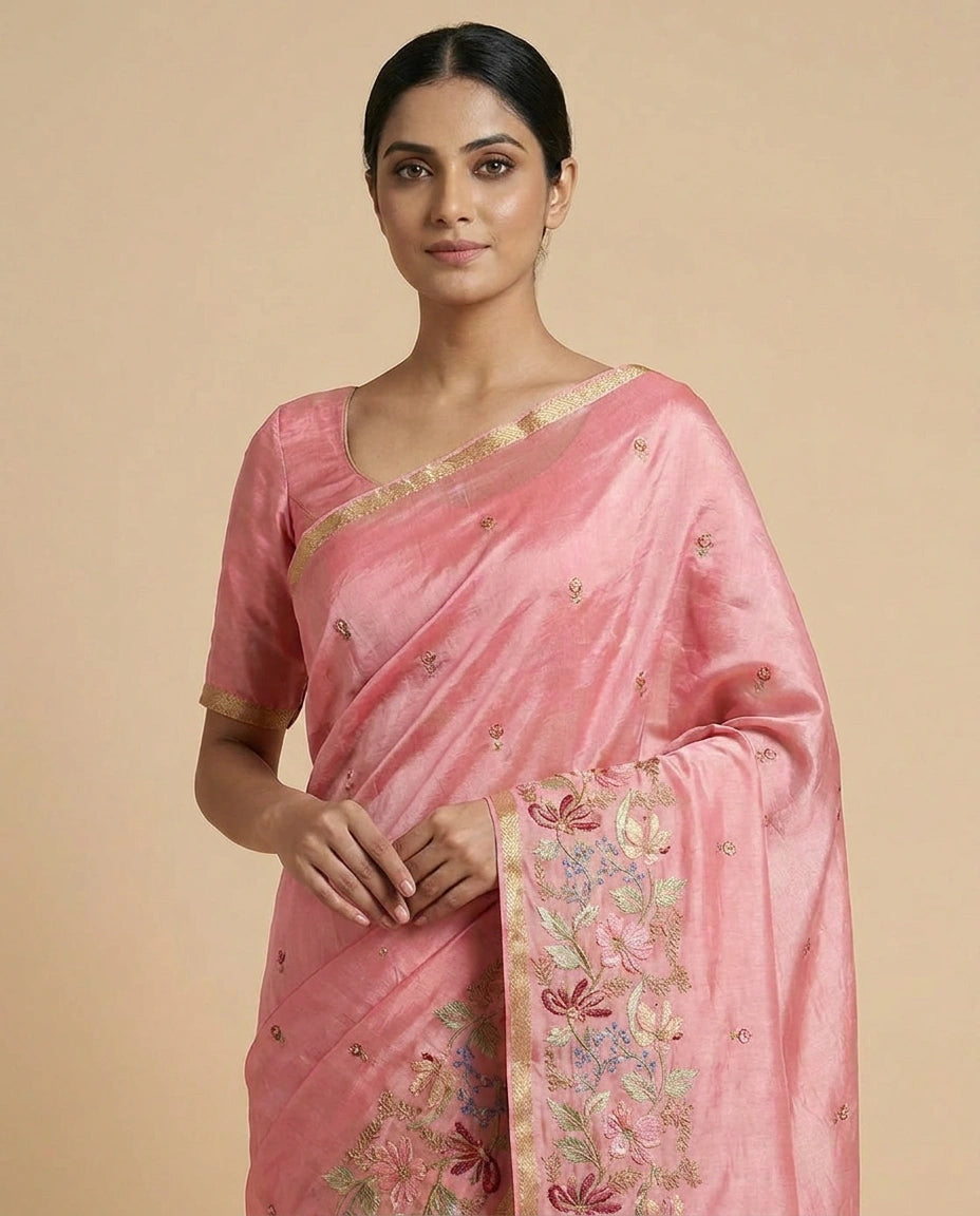Chinon Saree with Heavy Embroidery Work on Pallu Border view 7