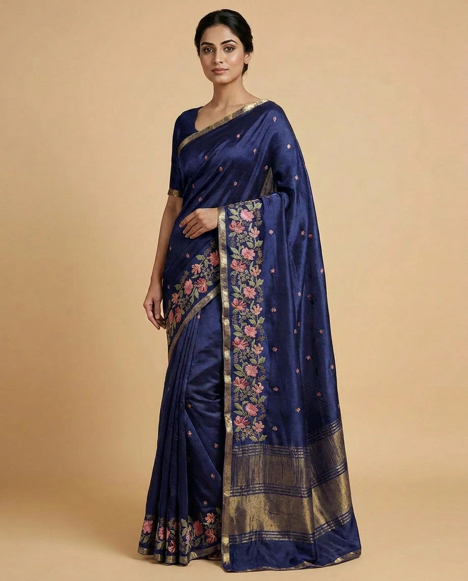 Chinon Saree with Heavy Embroidery Work on Pallu Border view 8