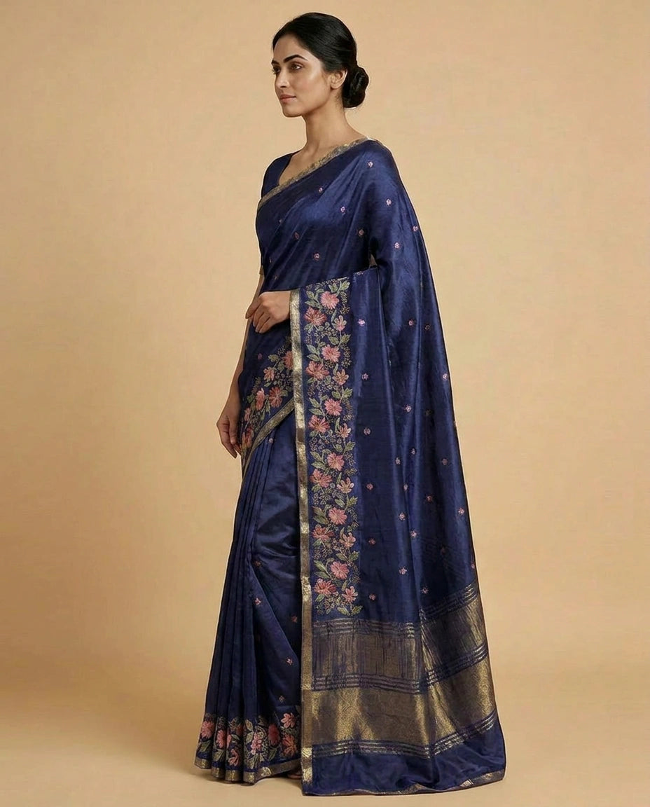 Chinon Saree with Heavy Embroidery Work on Pallu Border view 9