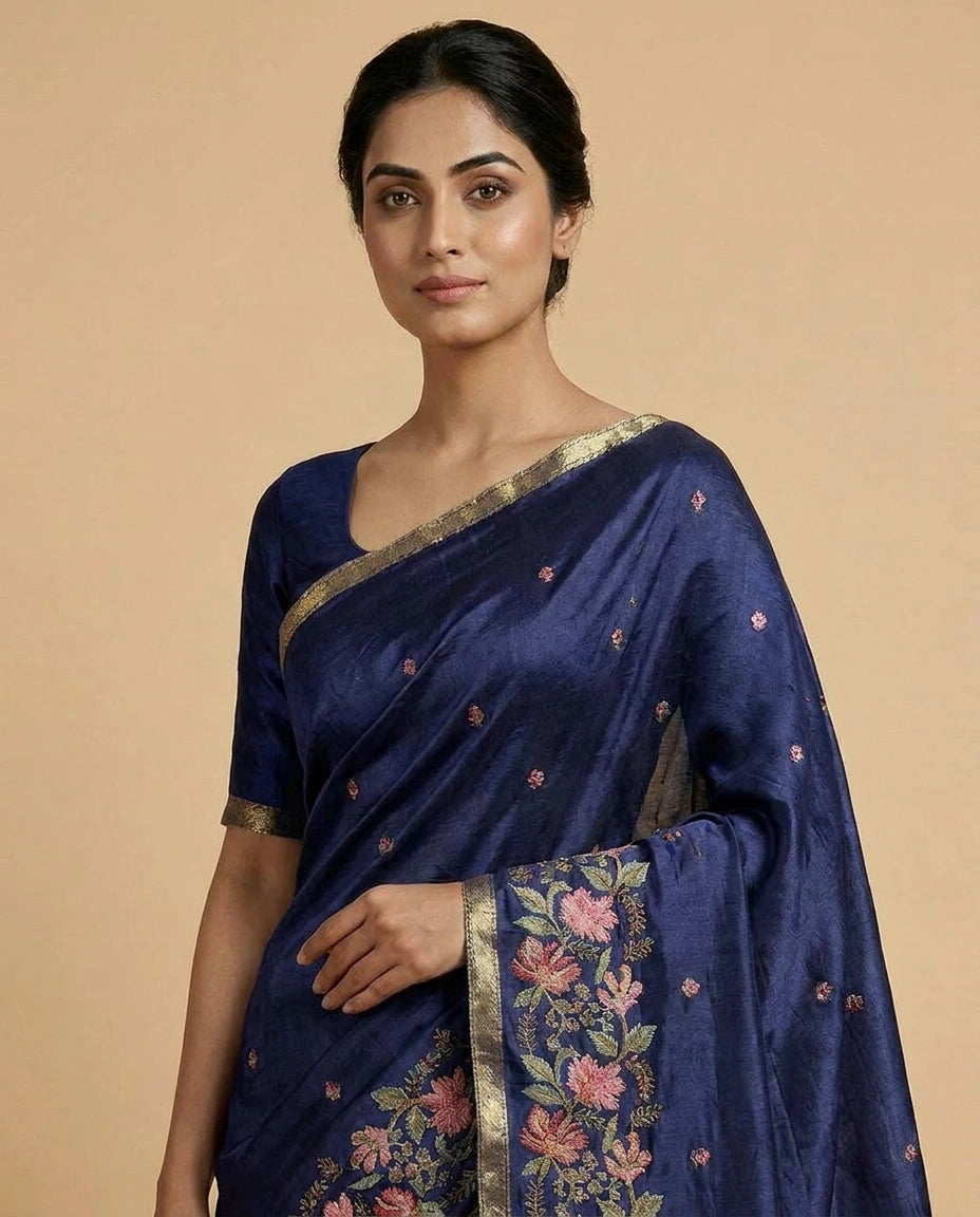 Chinon Saree with Heavy Embroidery Work on Pallu Border view 10