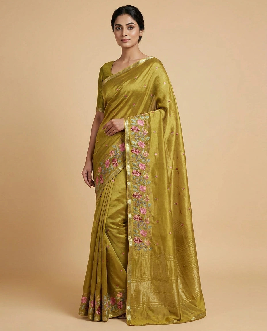 Mustard Chinon Saree with Heavy Embroidery Work on Pallu Border