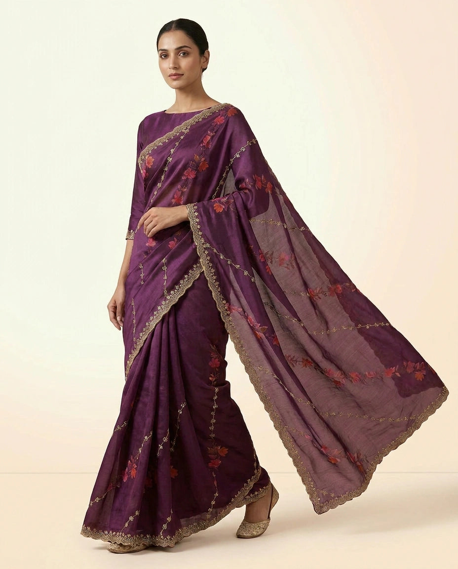 Bottle Green Satin Embroidered Saree for Festive Wear