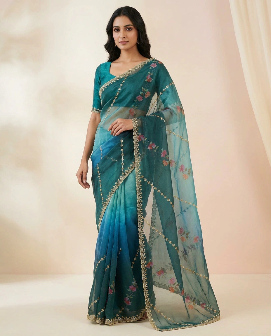 Bottle Green Satin Embroidered Saree for Festive Wear