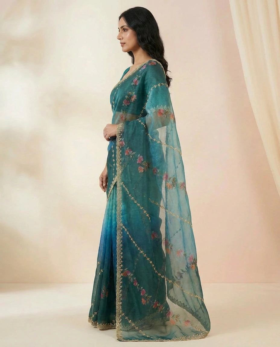 Bottle Green Satin Embroidered Saree for Festive Wear