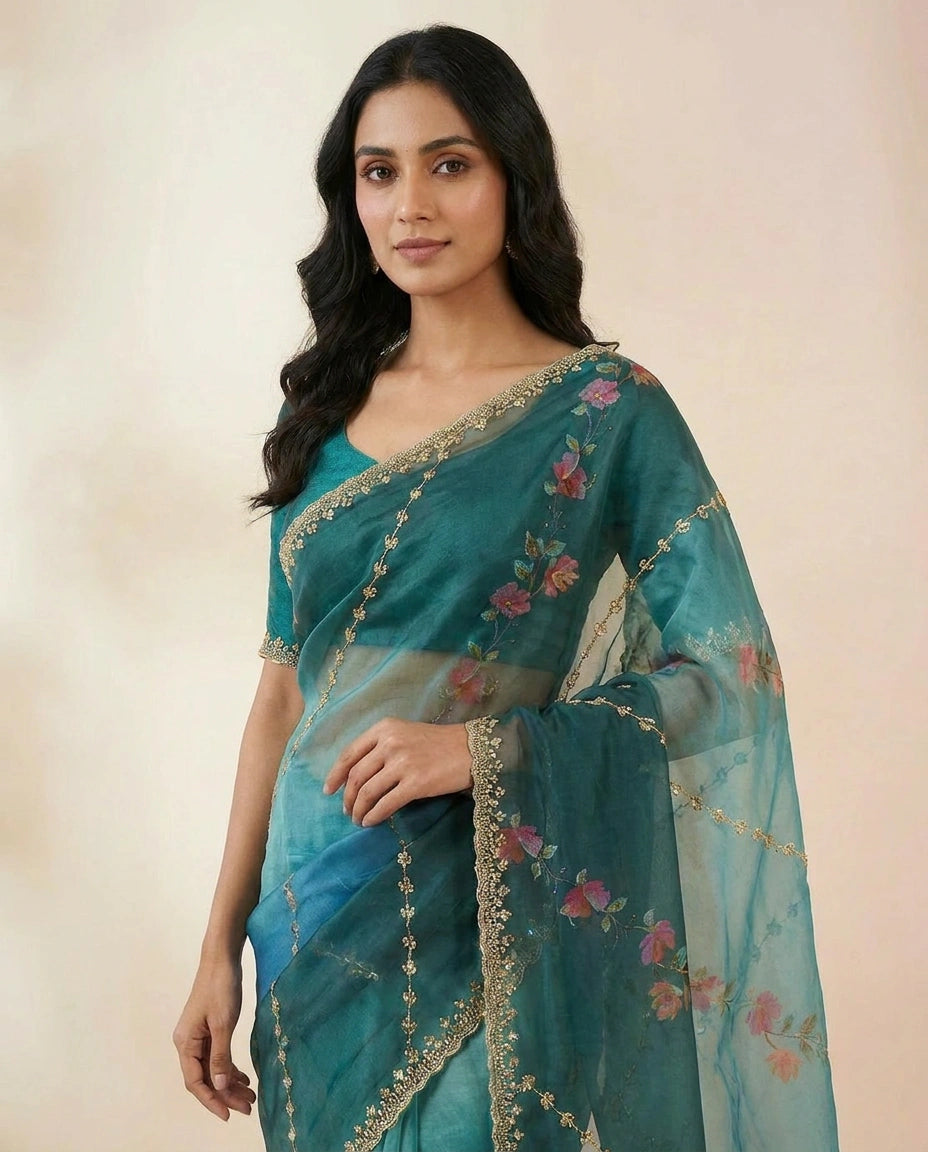 Bottle Green Satin Embroidered Saree for Festive Wear